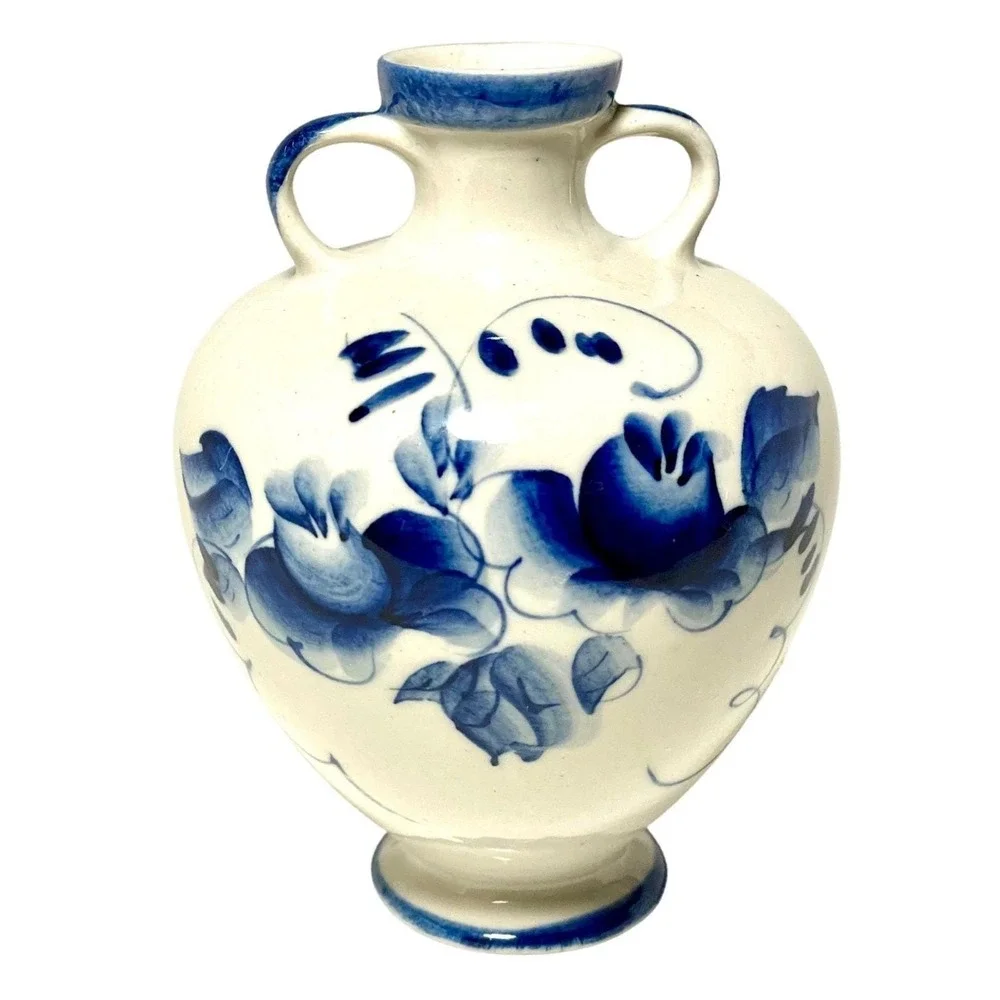 Vintage Russian Gzhel Blue &‎ White Hand Painted Vase Floral Design USSR Marked